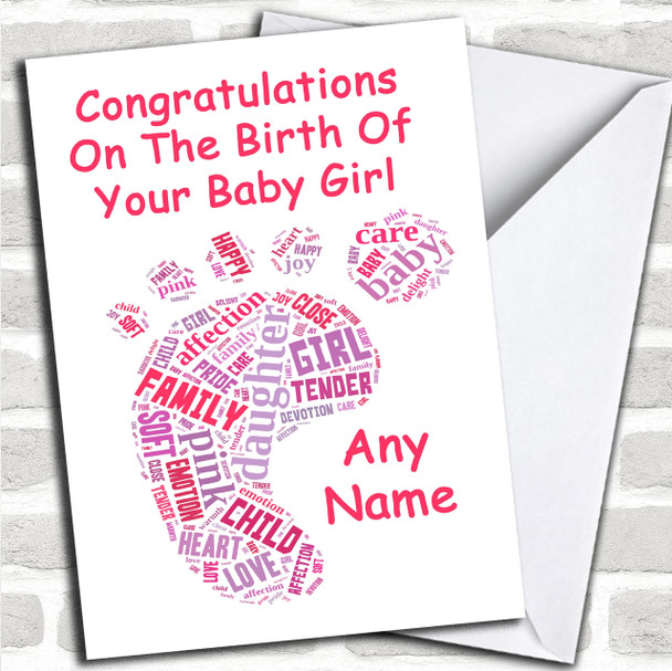 Pink White Word Art Girl Personalized New Baby Card