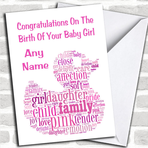 Pink Girl Word Art Duckling Personalized New Baby Card