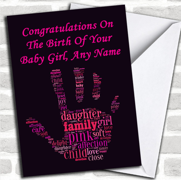 Pink Black Word Art Girl Personalized New Baby Card