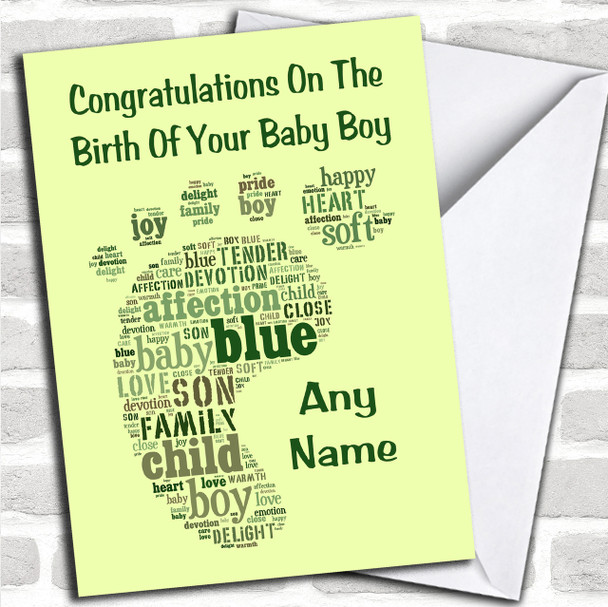 Green Boy Word Art Footprint Personalized New Baby Card