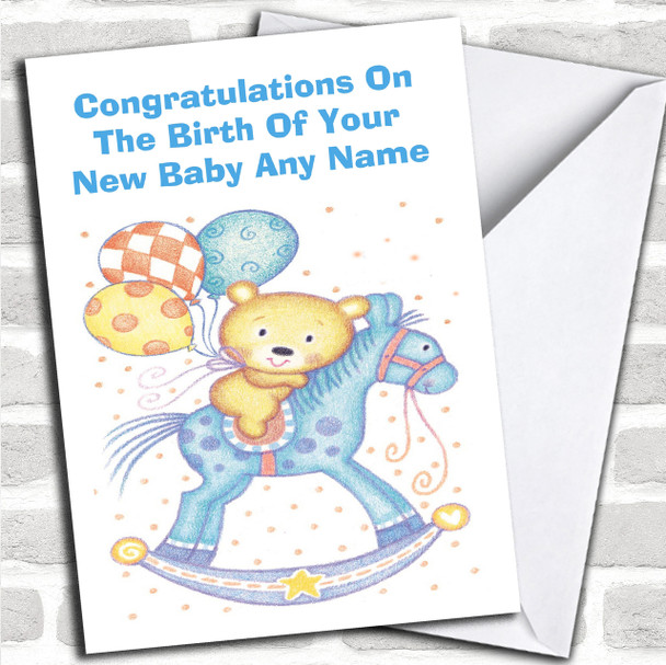 Cute Teddy Rocking Horse Personalized New Baby Card