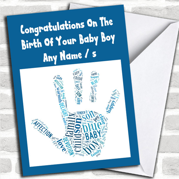 Blue Boy Word Art Handprint Personalized New Baby Card