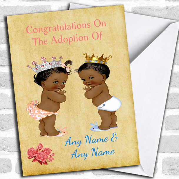 Congratulations Adopting Twin Boy & Girl Son & Daughter Black Personalized Card