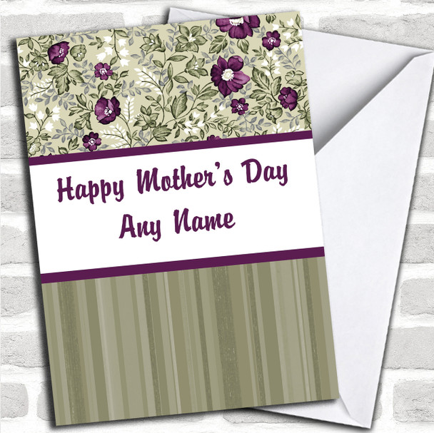 Stripe & Vintage Purple Sage Green Floral Personalized Mother's Day Card