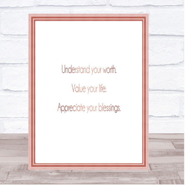 Understand Your Worth Quote Print Poster Rose Gold Wall Art