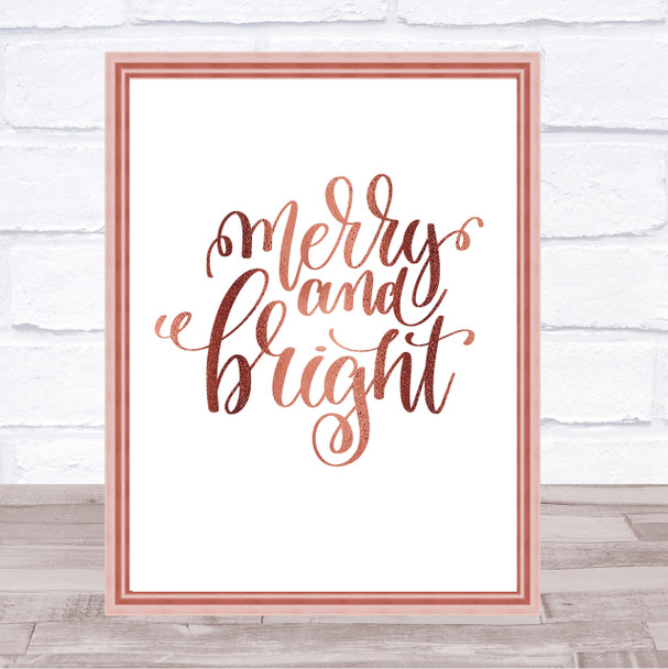Christmas Merry & Bright Quote Print Poster Rose Gold Wall Art