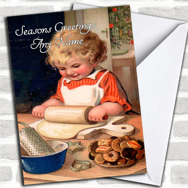 Child Baking Vintage Traditional Personalized Christmas Card