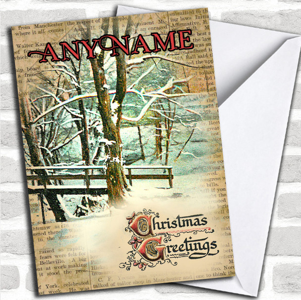 Old Newspaper Snowy Tree Vintage Traditional Personalized Christmas Card