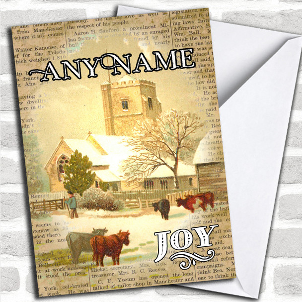 Old Newspaper Church Scene Vintage Traditional Personalized Christmas Card