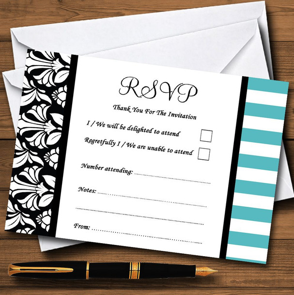 Damask And Aqua Stripes Personalized RSVP Cards