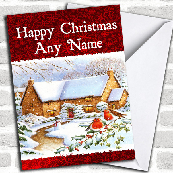 Snowy Cottage Christmas Card Personalized