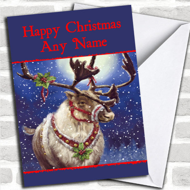 Snowing Reindeer Blue Christmas Card Personalized