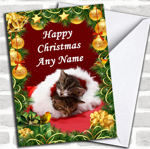 Sleeping Kittens Golden Baubles Christmas Card Personalized