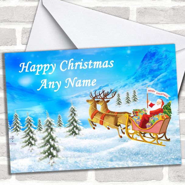 Santa In His Sleigh Blue Christmas Card Personalized