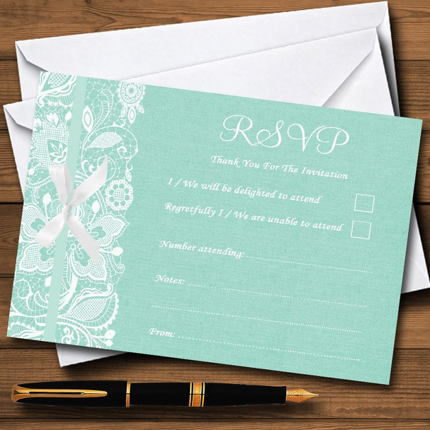 Vintage Mint Green Burlap & Lace Personalized RSVP Cards