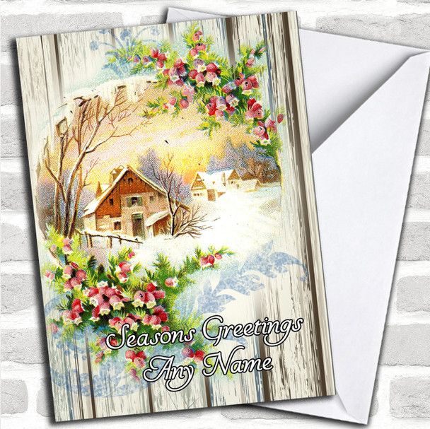Wood Village Scene Vintage Traditional Personalized Christmas Card Wood Village Scene Vintage Traditional Personalized Christmas Card