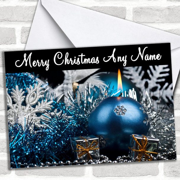 Xmas Blue Baubles & Silver Tinsel Personalized Christmas Card