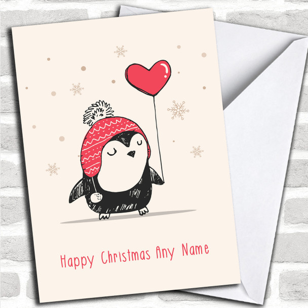 Love Heart Balloon Penguin Personalized Christmas Card