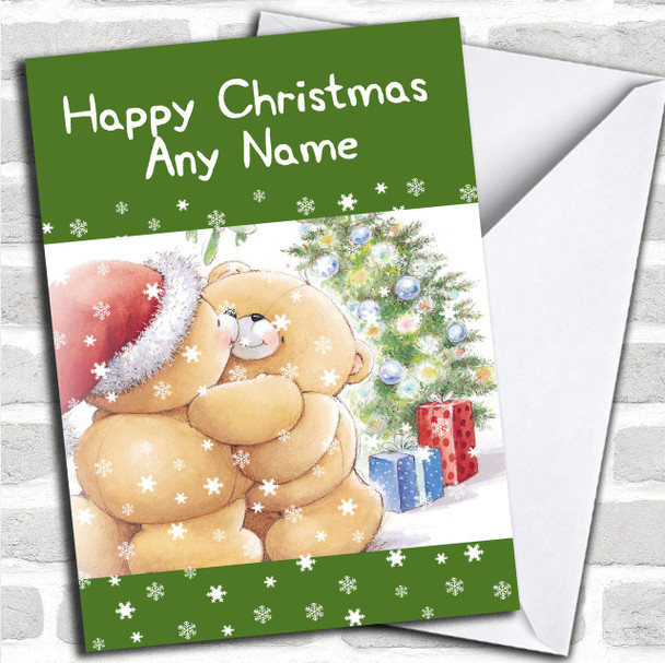 Cuddling Bears Green Christmas Card Personalized