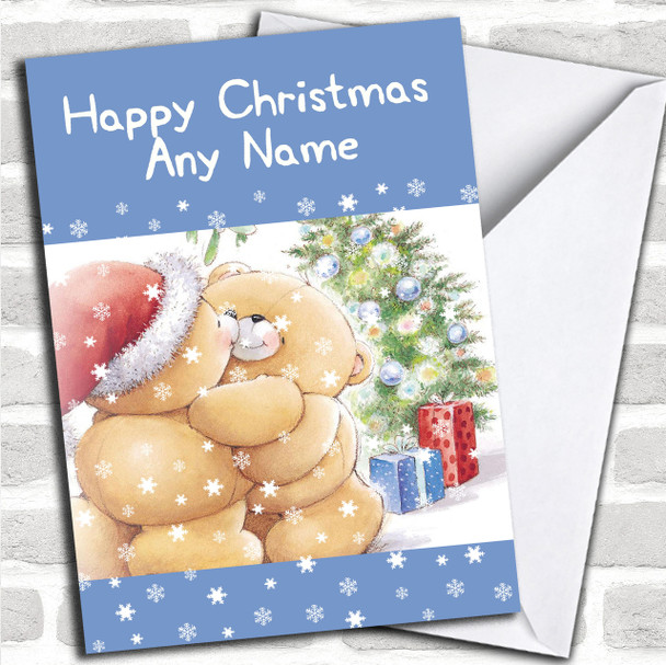 Cuddling Bears Blue Christmas Card Personalized