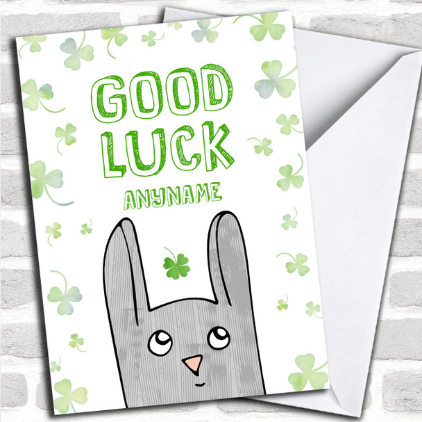 Clover Cute Bunny Personalized Good Luck Card