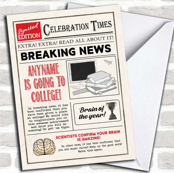 Newspaper Celebration Times College Personalized Good Luck Card