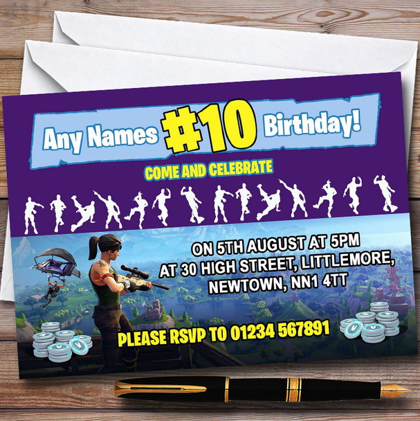 Fortnite Purple Personalized Children's Birthday Party Invitations