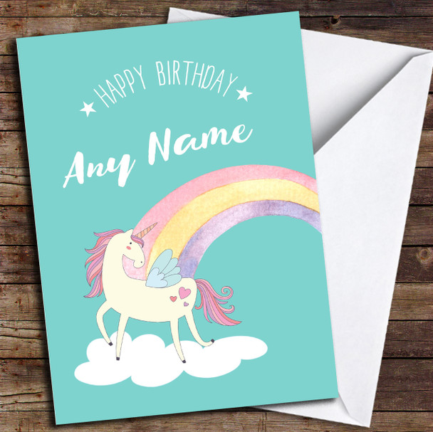 Green Unicorn Rainbow Personalized Birthday Card