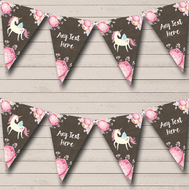 Burlap & Pink Floral Unicorn Personalized Childrens Party Bunting Flag Banner