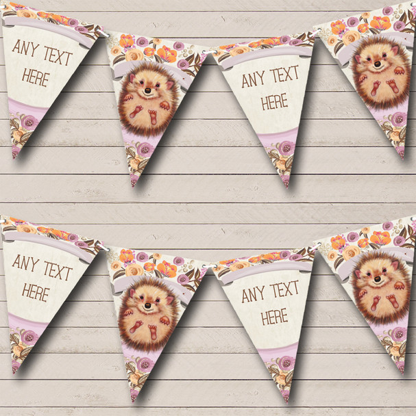 Floral Baby Woodland Hedgehog Personalized Childrens Party Bunting Flag Banner