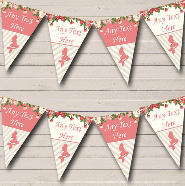 Floral Coral Pink Mermaid Personalized Childrens Party Bunting Flag Banner