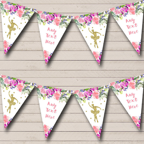 Floral Gold Ballet Ballerina Personalized Baby Shower Bunting Flag Banner