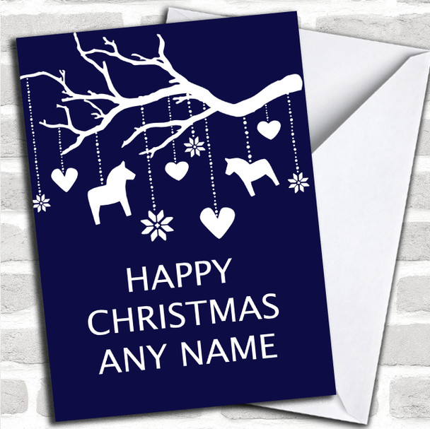 Rocking Horse Tree Blue Personalized Christmas Card