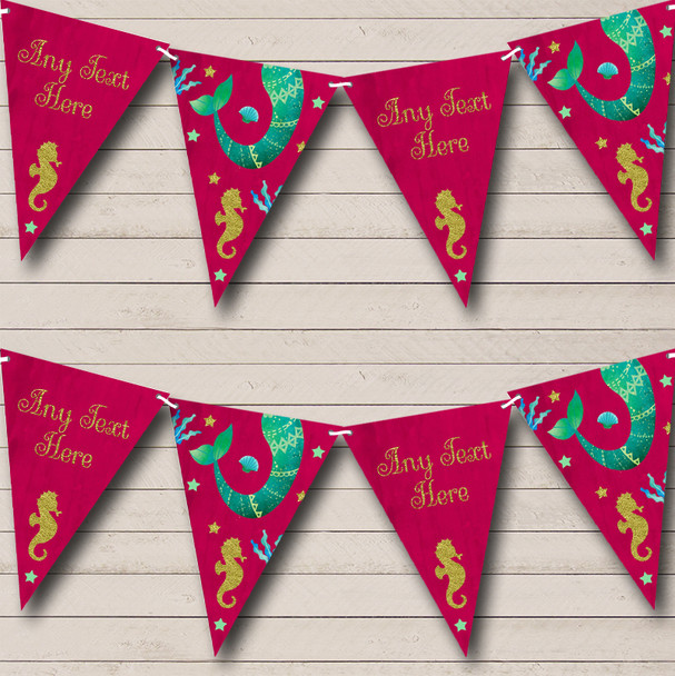 Pink Mermaid Under The Sea Personalized Childrens Party Bunting Flag Banner