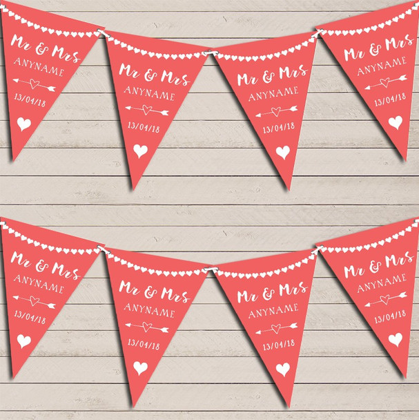 Heart Mr & Mrs Coral Pink Wedding Anniversary Bunting Party Banner