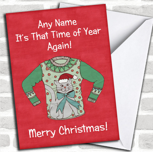 Cat Jumper Red Personalized Christmas Card