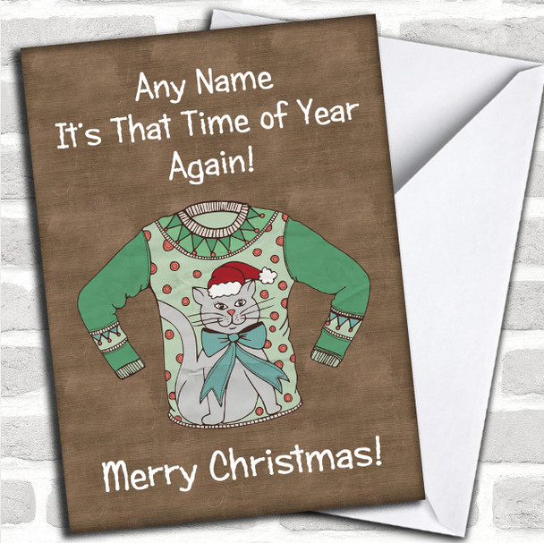 Cat Jumper Brown Personalized Christmas Card