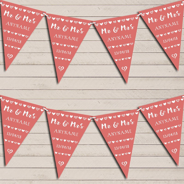 Mr & Mrs Hearts Coral Wedding Day Married Bunting Garland Party Banner