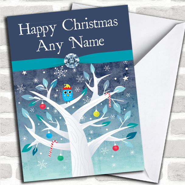 Blue Owl In Xmas Tree Personalized Christmas Card