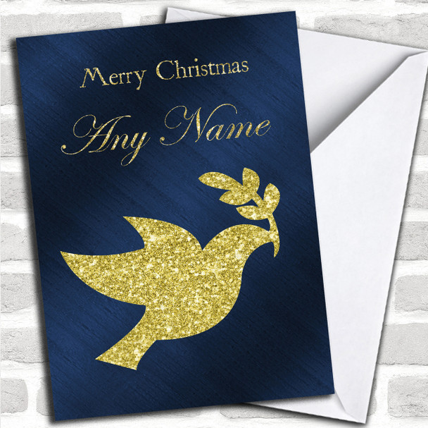 Blue & Gold Peace Dove Personalized Christmas Card