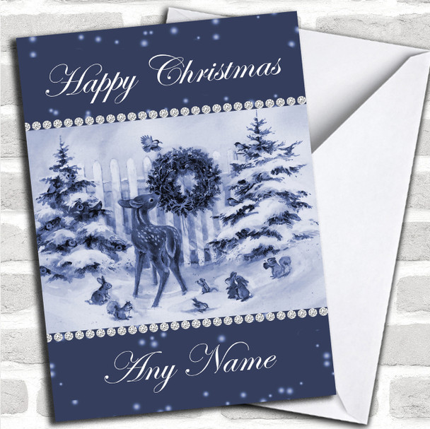 Baby Reindeer Snow Scene Blue Personalized Christmas Card