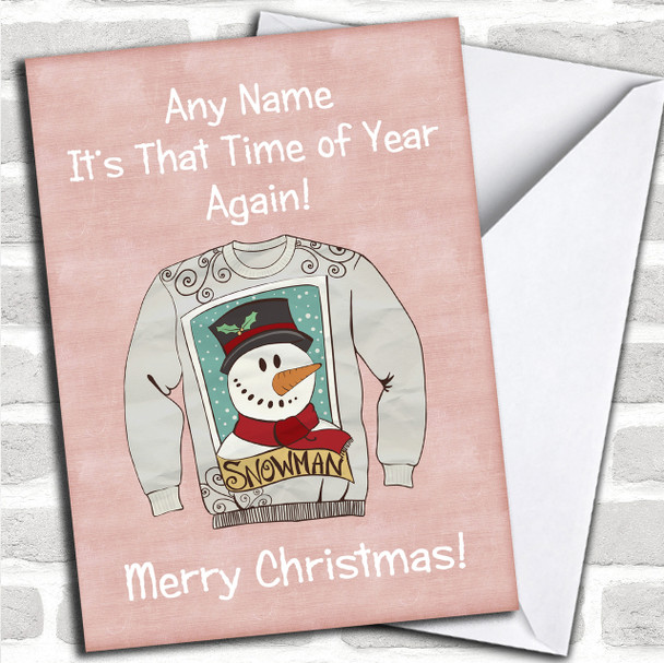 Snowman Jumper Pink Personalized Christmas Card