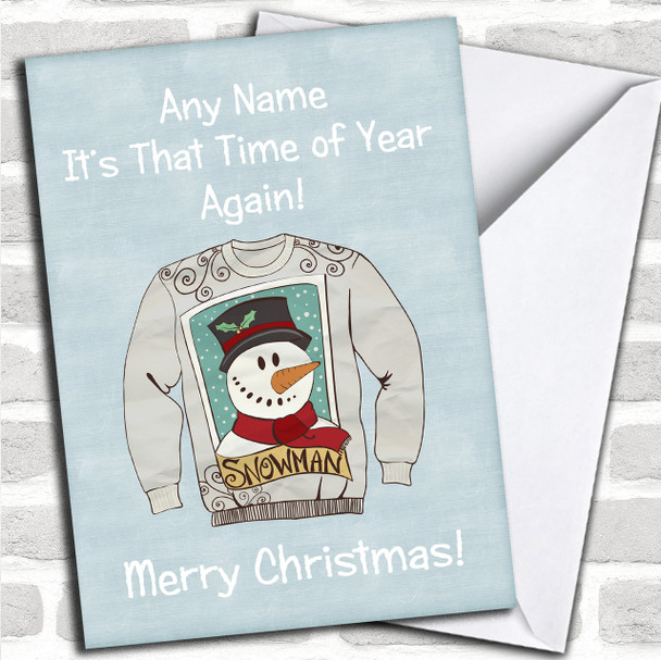 Snowman Jumper Green Personalized Christmas Card