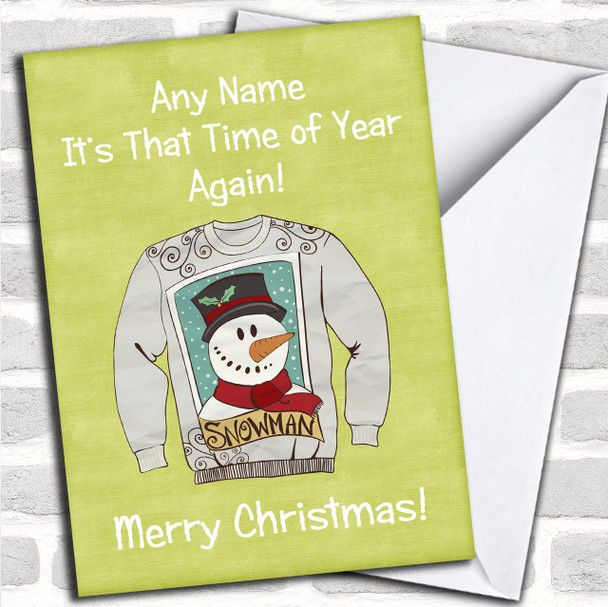 Snowman Jumper Bright Green Personalized Christmas Card