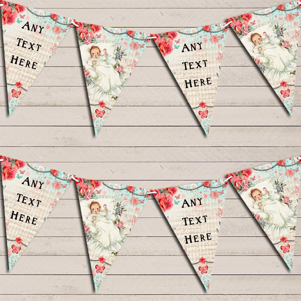 Vintage Shabby Chic Floral Pink Blue Baby Roses Personalized Baby Shower Bunting