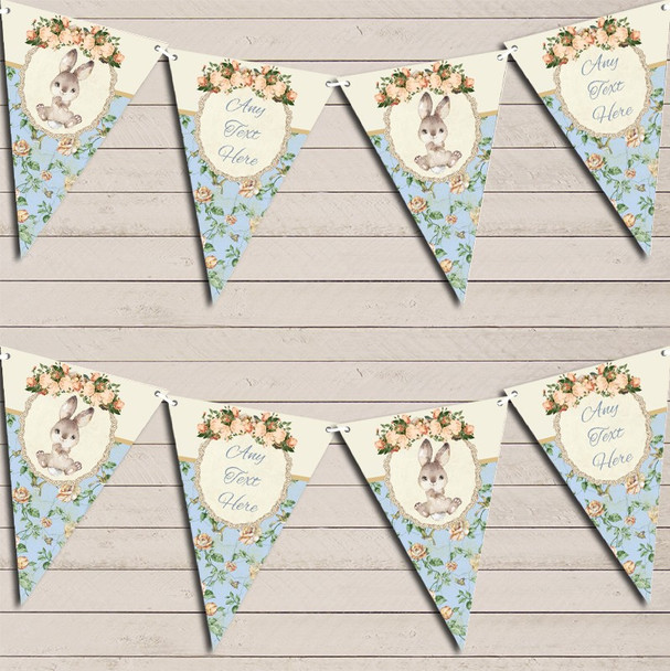 Bunny Baby Rabbit Shabby Chic Floral Blue Boys Personalized Baby Shower Bunting Bunny Baby Rabbit Shabby Chic Floral Blue Boys Personalized Baby Shower Bunting