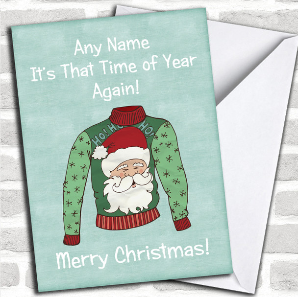 Santa Jumper Green Personalized Christmas Card