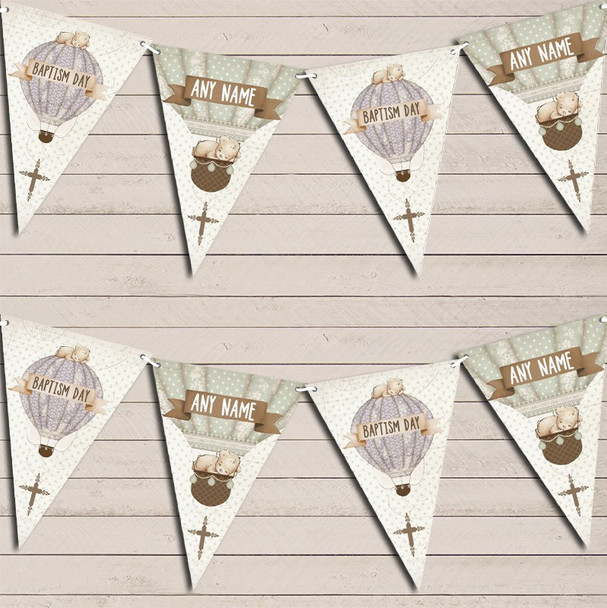 Hot Air Balloon Teddy Bear Vintage Baptism Day Personalized Christening Bunting