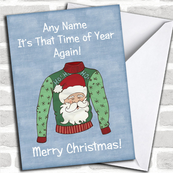 Santa Jumper Blue Personalized Christmas Card