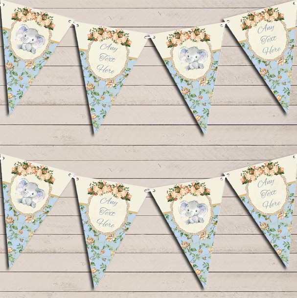 Baby Elephant Shabby Chic Floral Blue Boys Personalized Christening Bunting Baby Elephant Shabby Chic Floral Blue Boys Personalized Christening Bunting